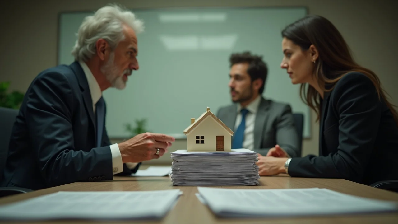 Asset division during divorce process impacting legal fees, with detailed paperwork and model house symbolizing property division in a law office
