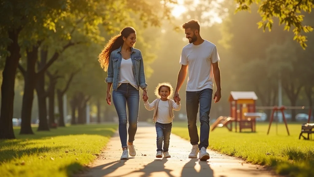 Assured diverse family walking in a park, representing stability and the interests of the child in family law decisions