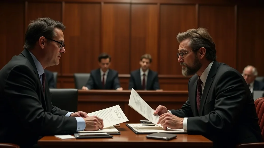 Attorneys presenting documents to a judge during a litigation case, legal files and evidence displayed, showing courtroom expense contrasts in dispute resolution