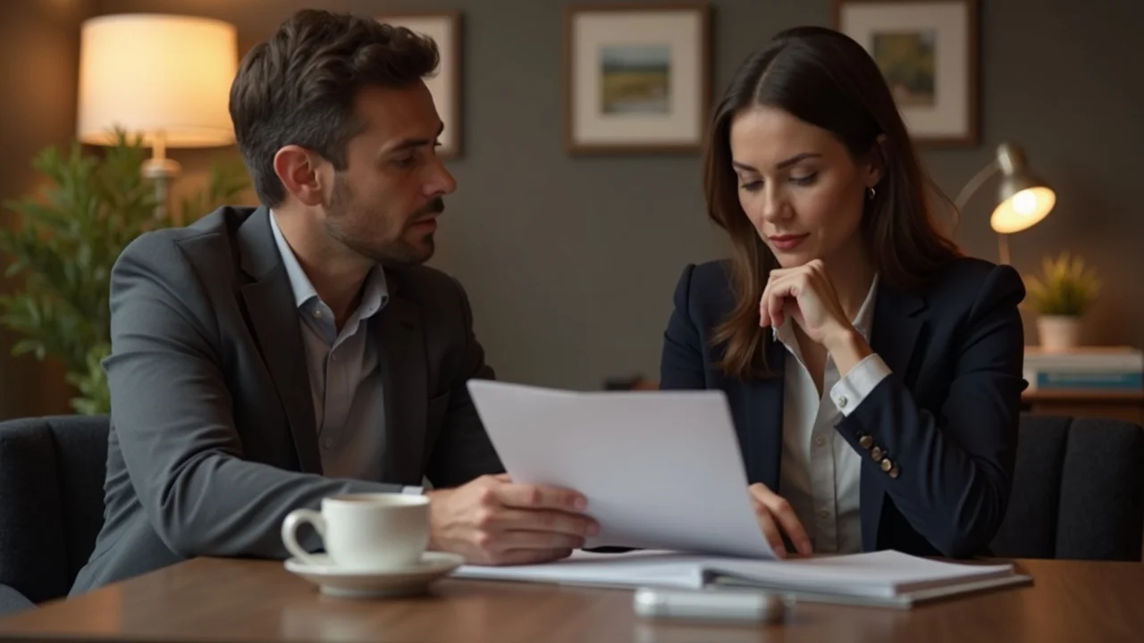 Client and divorce attorney discussing retainer agreement and refund policies in a law firm setting