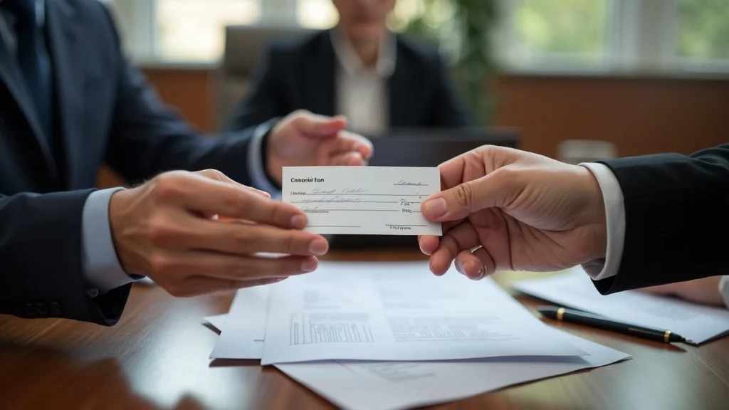Client exchanging a retainer check with a divorce lawyer for a retainer agreement in a law firm