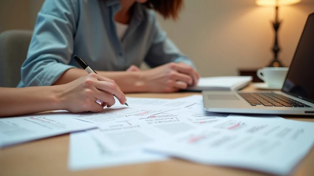 Client organizing divorce documents and legal checklists at home, preparing proactively to reduce legal fees in the divorce process