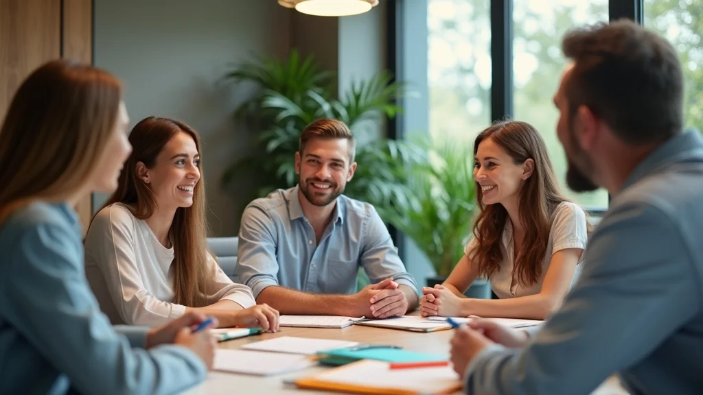 Collaborative divorce lawyers in meeting with couples reaching amicable divorce settlement, conference room with plants