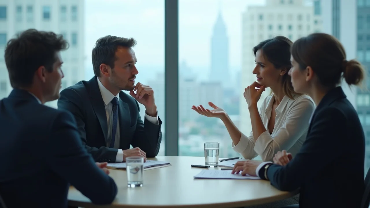 Contemplative divorced couple negotiating asset division and custody, showing bargaining under legal guidance, in a mediation office