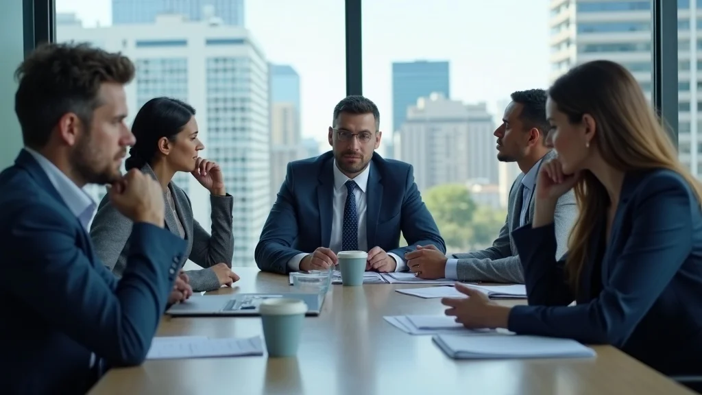 Diverse clients and attorney discussing legal paperwork with Los Angeles cityscape in background
