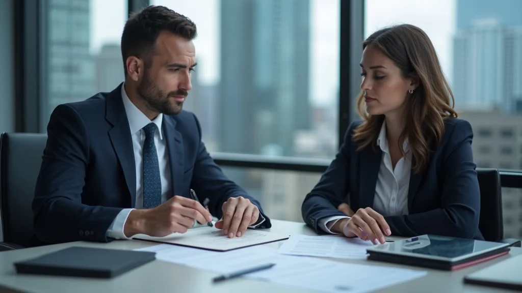 Divorce attorney explaining attorney fees and cost of divorce to a client in a detailed legal fee agreement review in a city-view law office