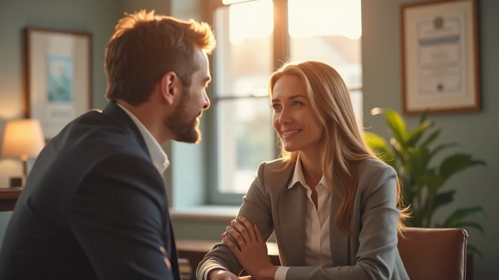 Empathetic divorce lawyer and client in Los Angeles office. Comforting, supportive, and professional setting.