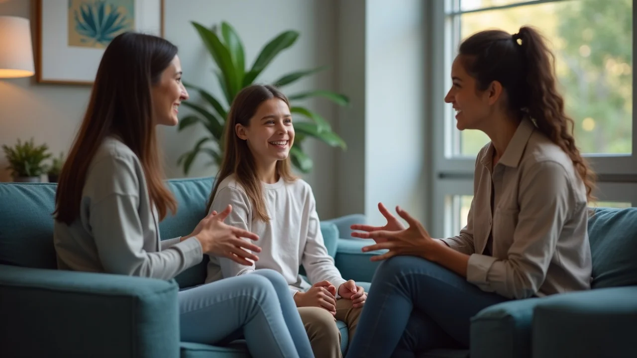Family counselor speaking to parent and child, supporting with divorce effects and mental health