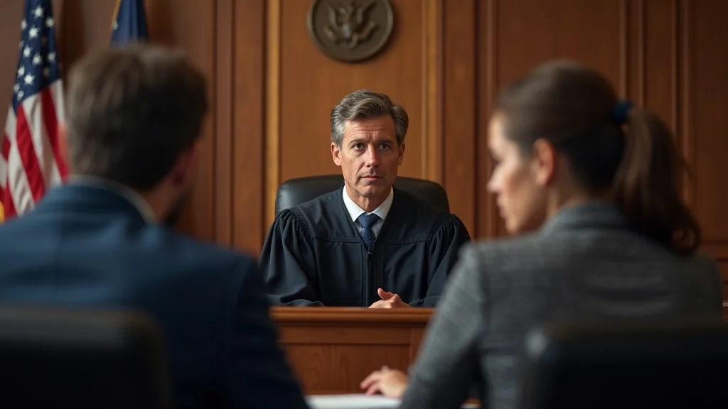 Family law judge neutrally listening to an adolescent with parents in a custody courtroom, professional and serious