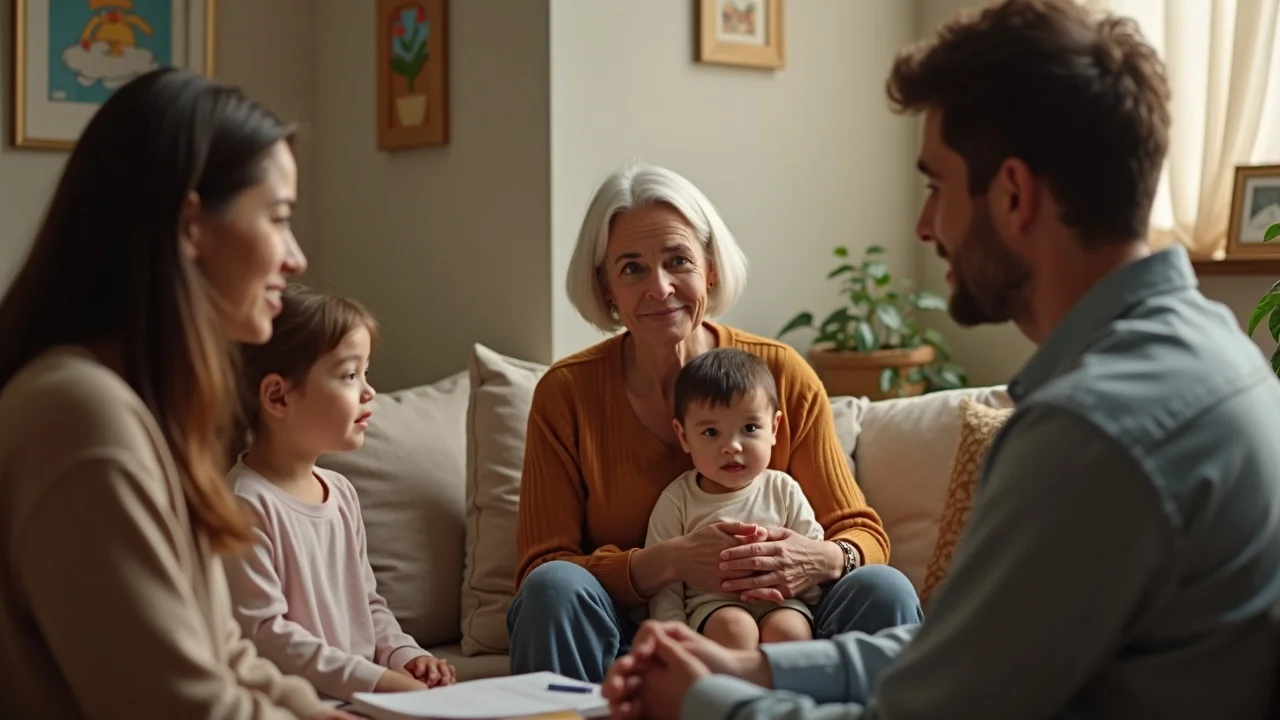 Family mediation scene with empathetic mediator and hopeful expressions in a warm, inviting office setting, discussing family law matters like custody