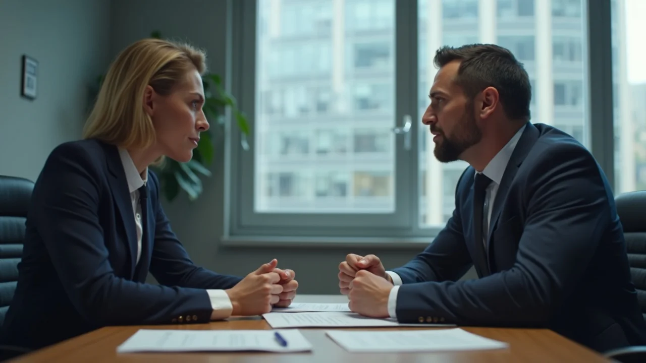 Frustrated client alongside calm attorney during divorce consultation, representing anger during the emotional stages of divorce and steady legal support