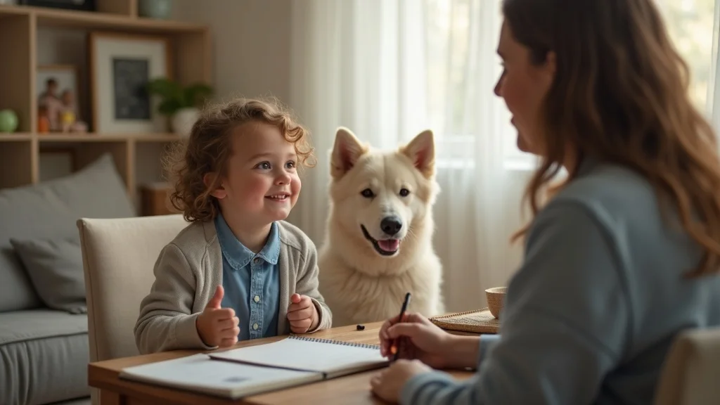 Guardian ad litem gently interviewing a child in a home