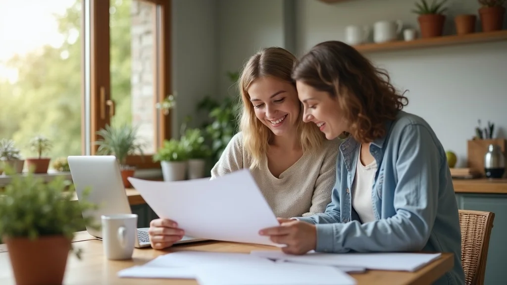 Hopeful couple reviewing divorce papers collaboratively for uncontested divorce, modern kitchen table