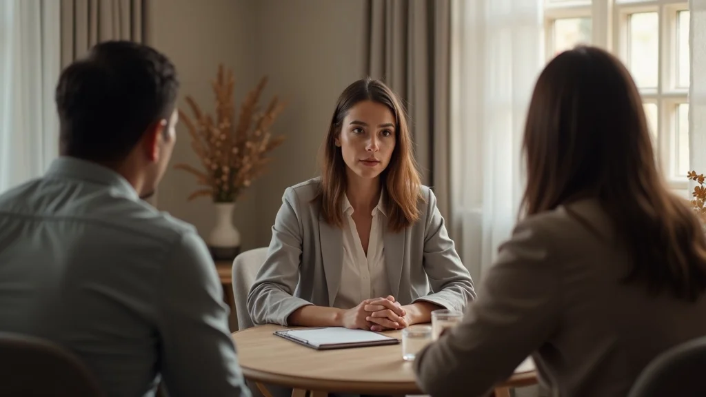 Mediator guiding a tense couple through a discussion in a conflict divorce case