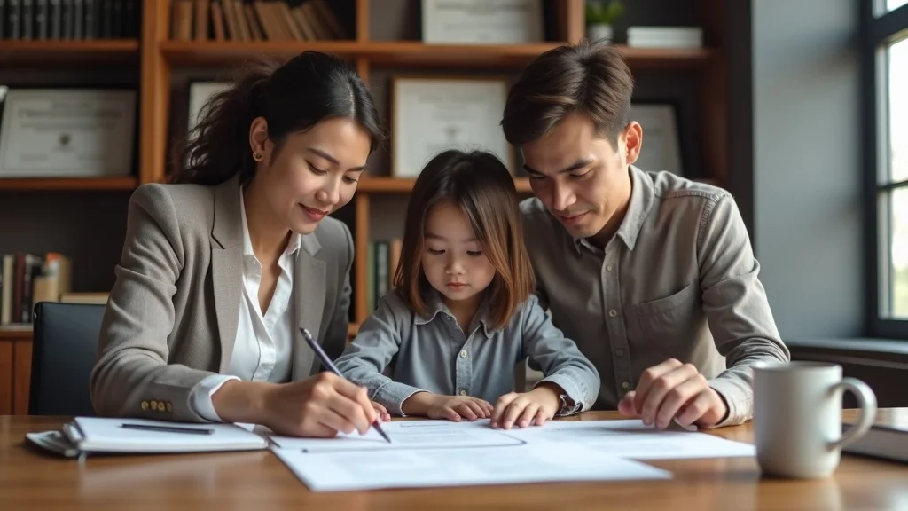 Parents and child reviewing custody paperwork with a family law attorney, photorealistic office