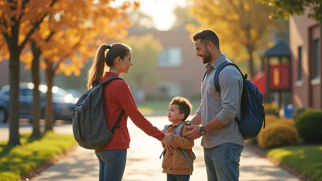 Parents exchanging parenting time at a school entrance