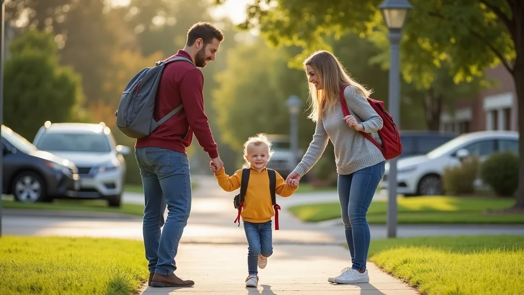 Positive co-parenting exchange between parents during custody handoff, supporting parental rights and best interest of the child