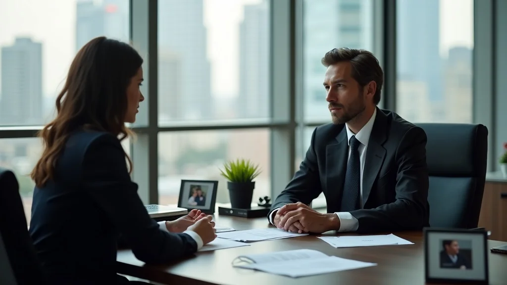 Professional Los Angeles divorce lawyer consultation with client in a modern LA downtown office, cityscape and paperwork evident, representing divorce lawyer los angeles