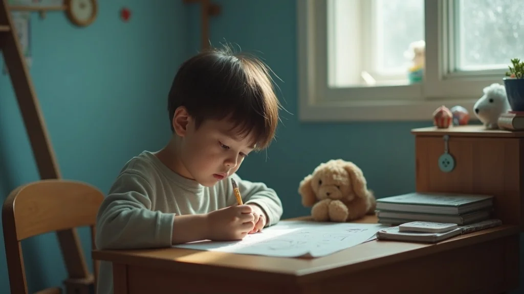 School-aged child alone at bedroom desk reflecting, highlighting the mental health impact of divorce on children