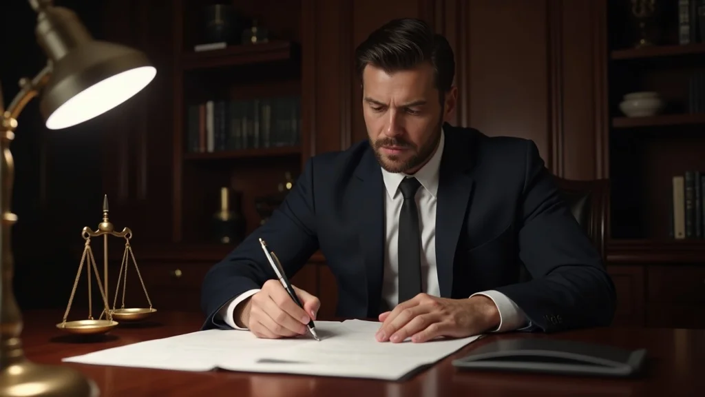 Serious divorce attorney reviewing legal documents for possible conflict of interest, sophisticated office background