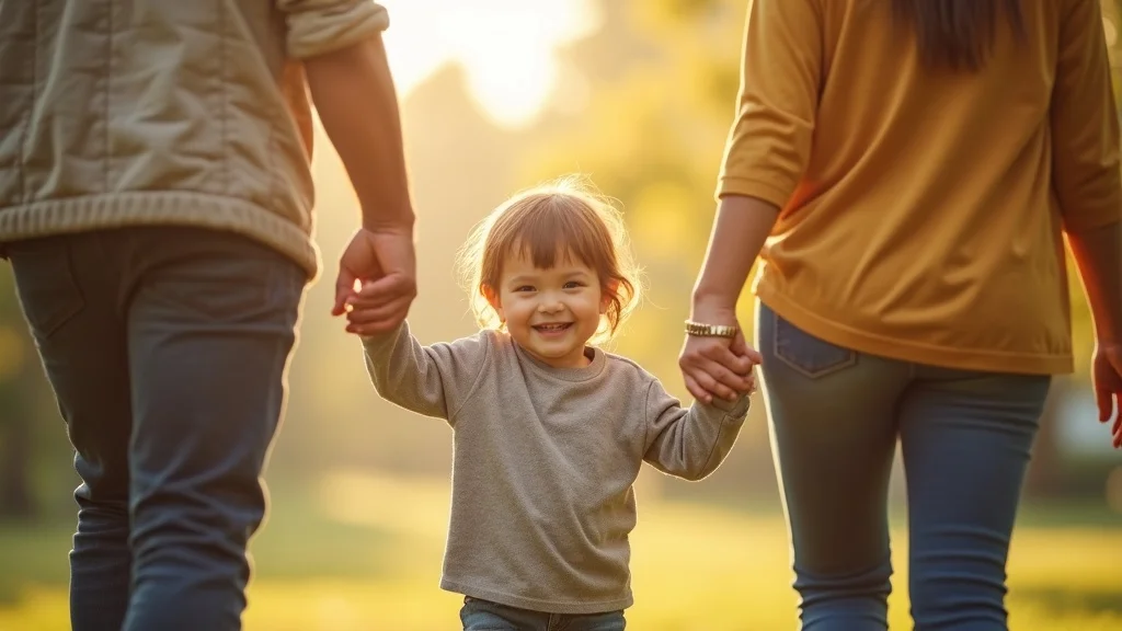 Smiling child holding hands with both parents in California park – child custody safety and emotional bonds