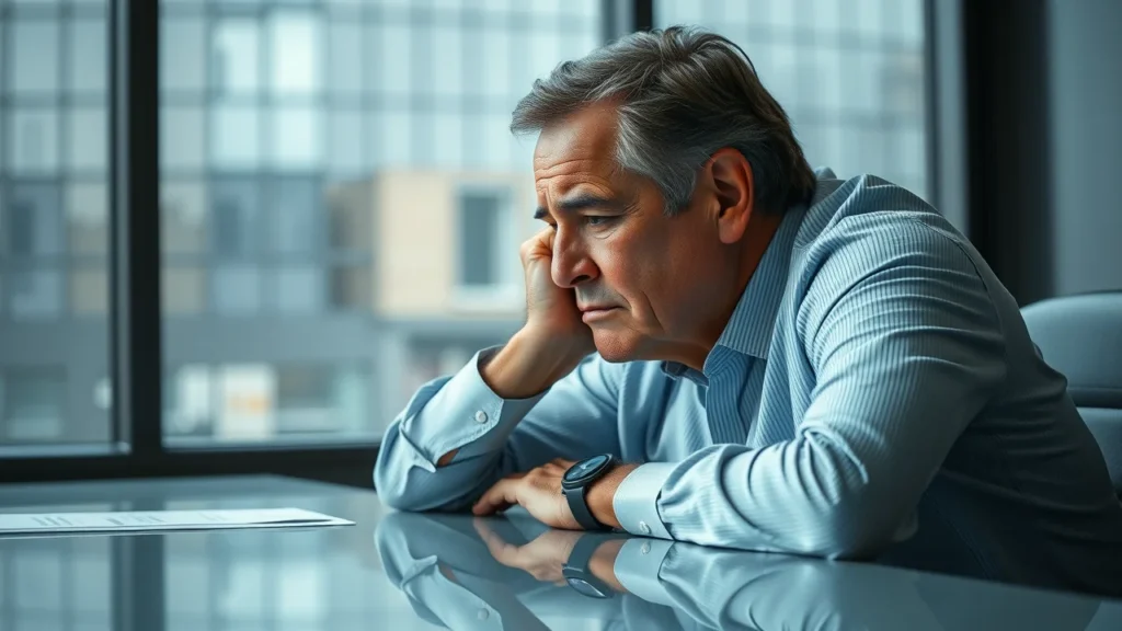 Solemn person experiencing the emotional stages of divorce in a lawyer’s modern office, with natural light and a calm, neutral palette