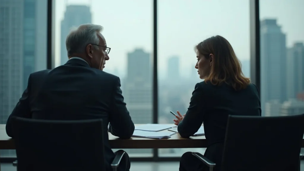 Somber middle-aged couple sitting in a modern law office demonstrating the tension of high-conflict divorce cases