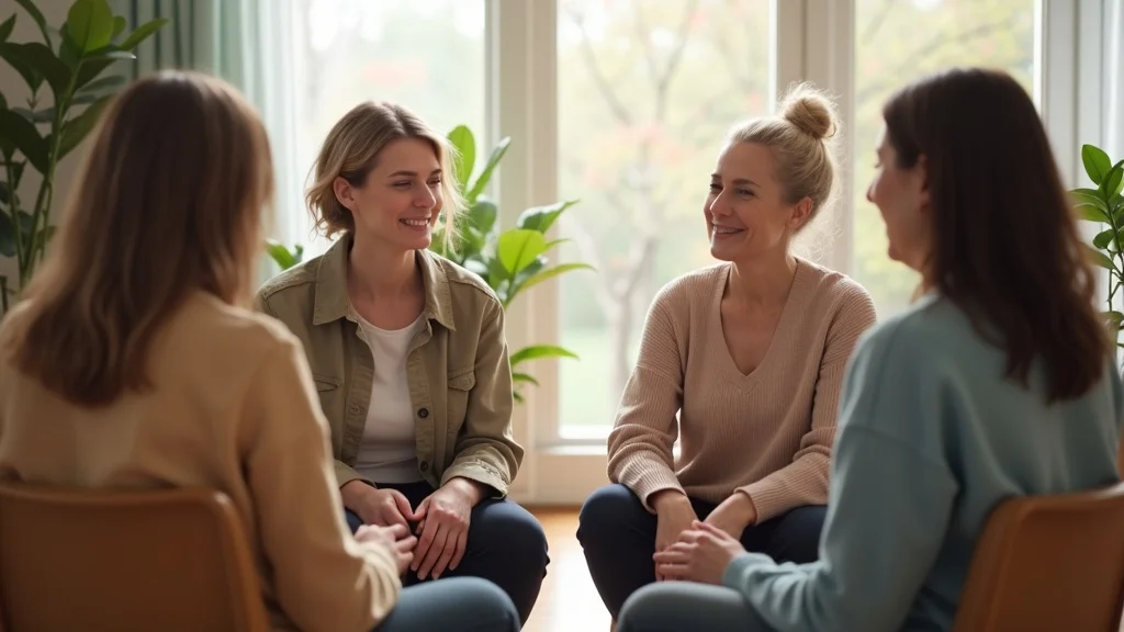 Support group for mental health during divorce, diverse adults offering supportive gestures in a calm community center