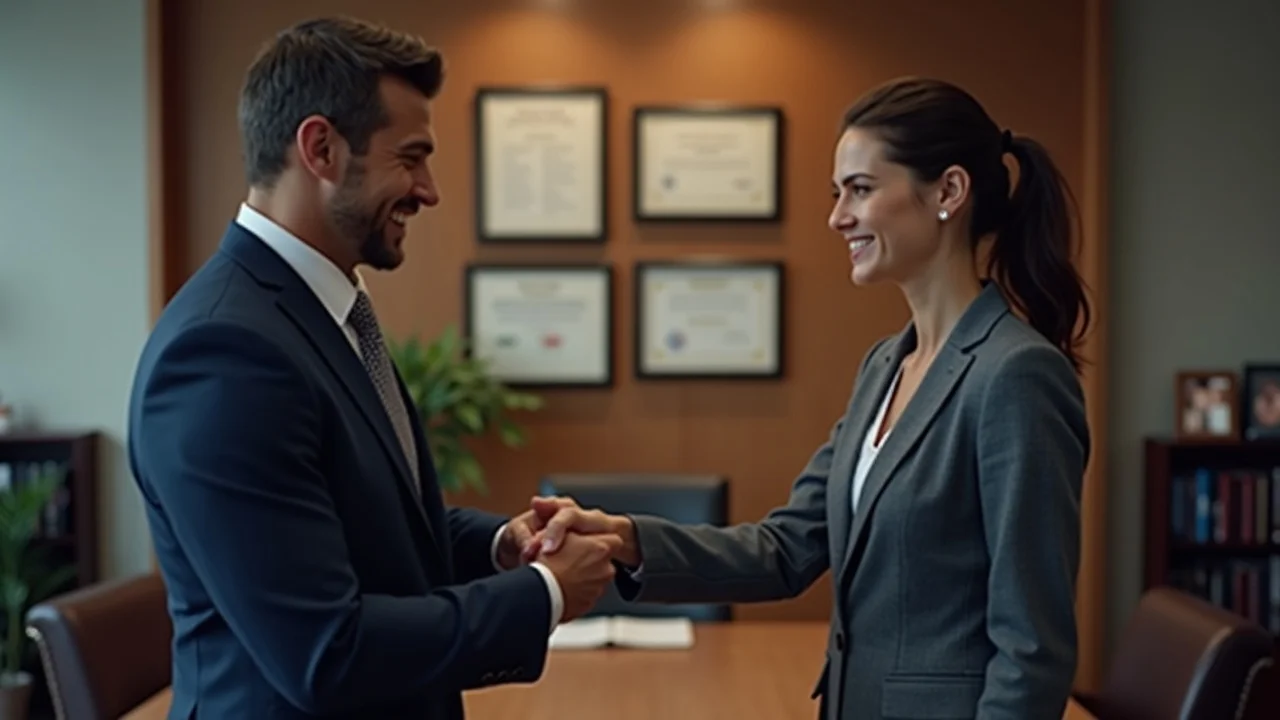 Supportive divorce attorney shaking hands with client after discussing retainer agreement