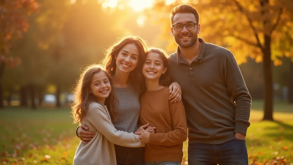 Supportive family helps mental health during divorce, warm smiles and togetherness in sunlit autumn park