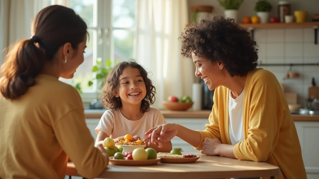 Supportive parents and child having a conversation at the kitchen table, helping children cope with divorce