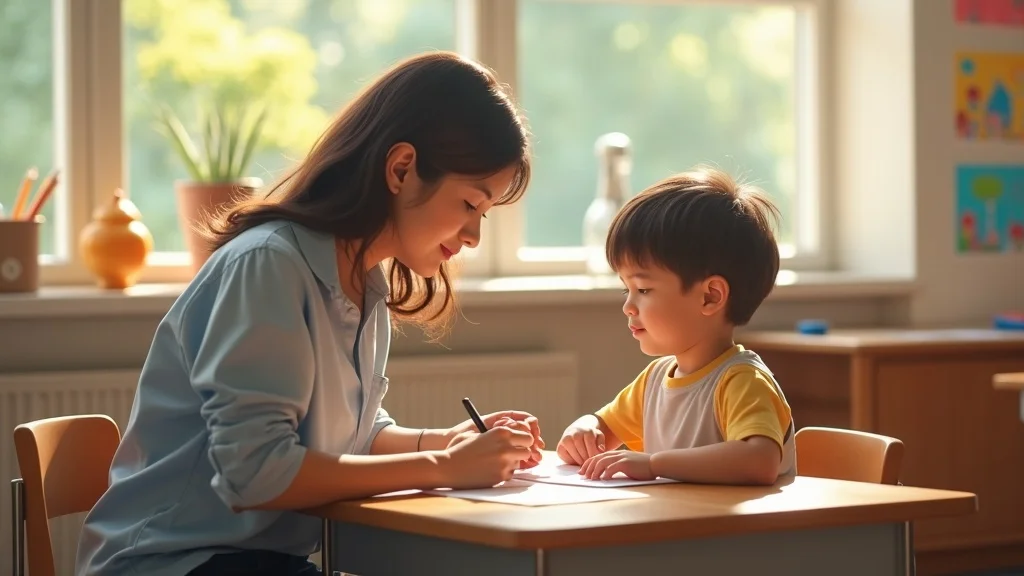 Teacher assisting a distracted child in a classroom, showing effects of divorce on children's school performance