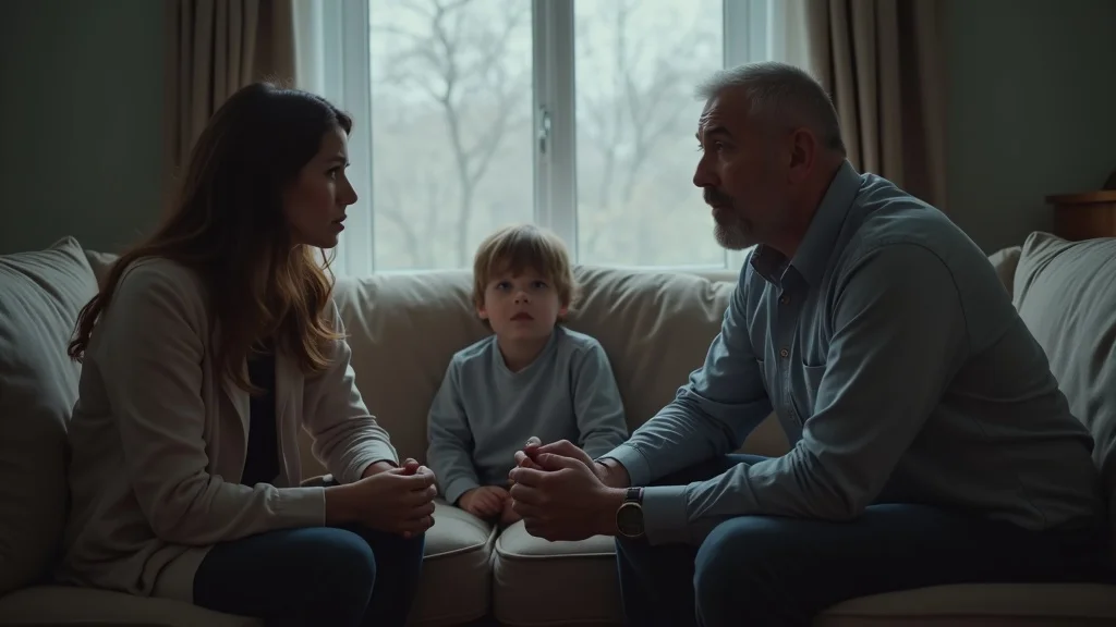 Tense communication during child custody case – parents with stressed expressions and child looking on