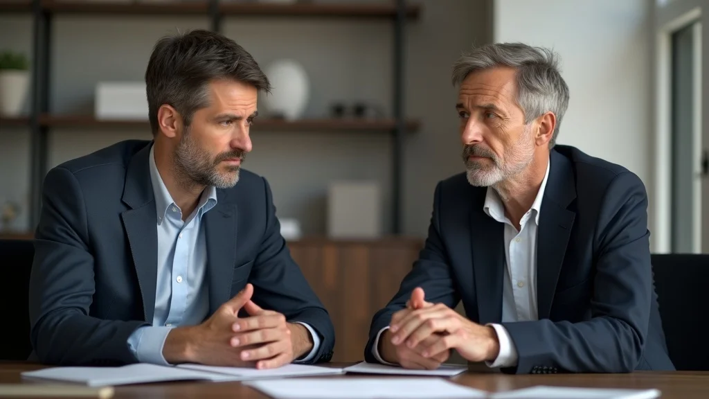 Tense middle-aged couple consulting with a divorce attorney concerned about what drives divorce legal fees higher, seated in a modern law office with detailed documents on the desk