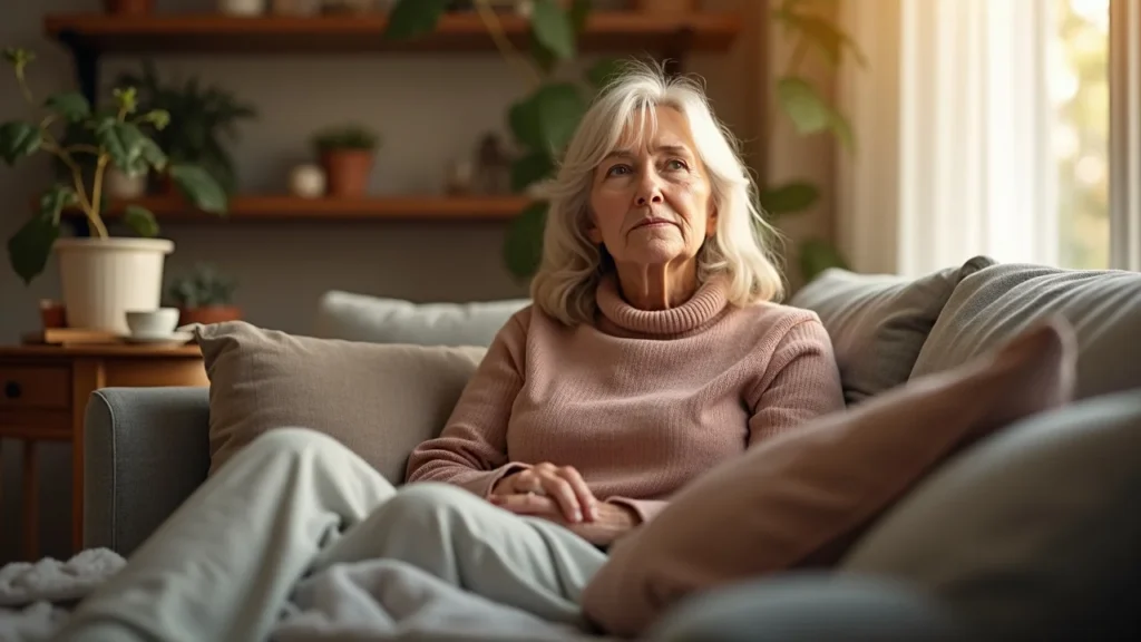 Thoughtful middle-aged woman seated on a cozy, sunlit living room couch, practicing self-care to protect her mental health during a divorce