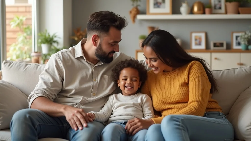 Warm, diverse family experiencing parental divorce, sitting together on a couch showing mixed emotions
