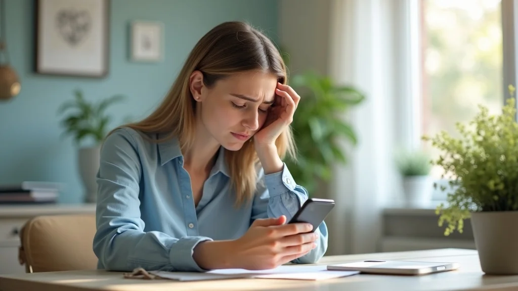 Worried woman checking online banking worried about joint account funds