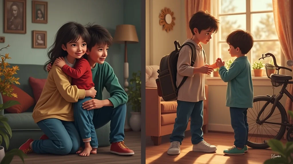 child hugging one parent & another parent looking at a child's photo