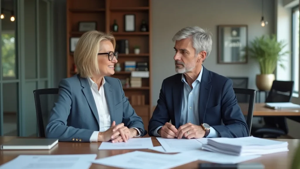 Business owners discussing family business legal paperwork in a modern office, highlighting issues related to divorce with a family business
