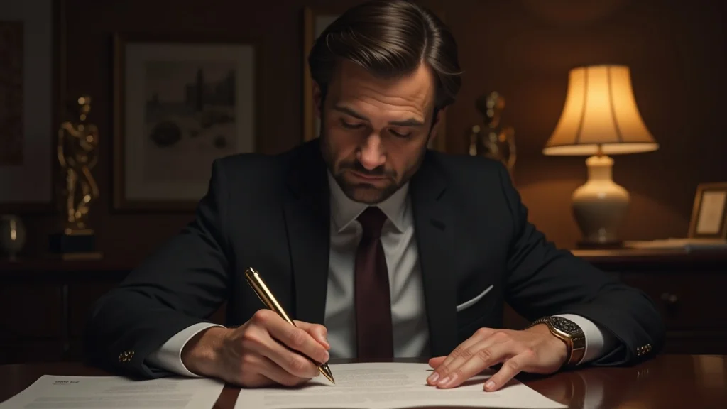 Calm business owner signing prenuptial agreement to protect family business during a divorce