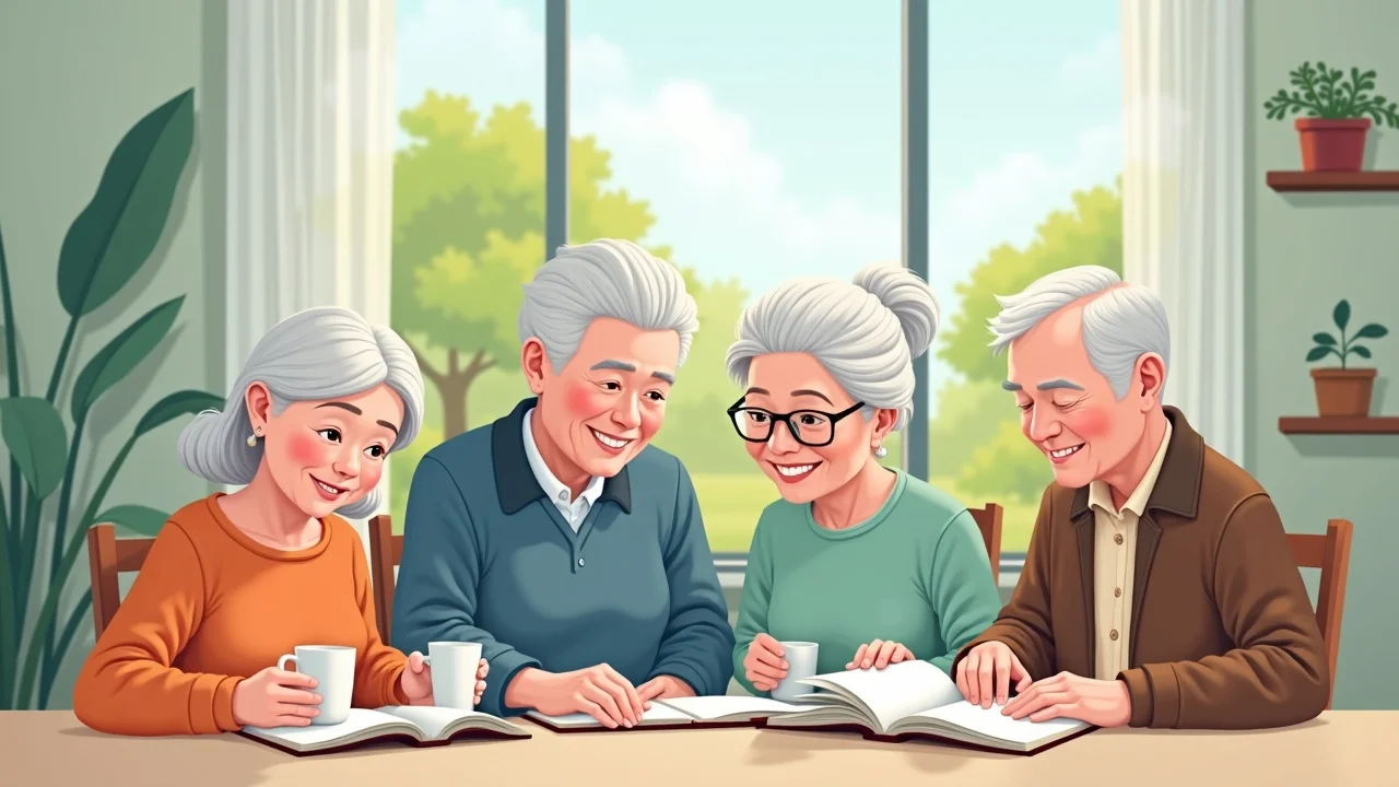 Infographic representing gray divorce, with diverse older adults engaged in independent activities like reading and gardening, symbolizing independence after a long marriage