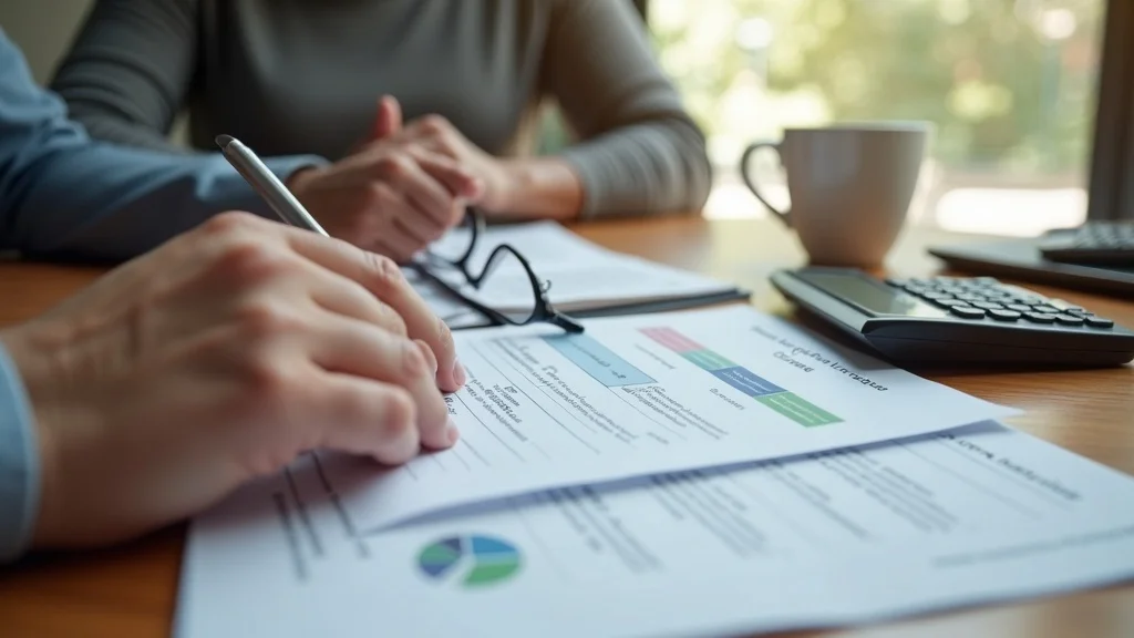 Mature hands reviewing financial documents related to divorce after a long marriage, with pension statements and a calculator on a wooden table