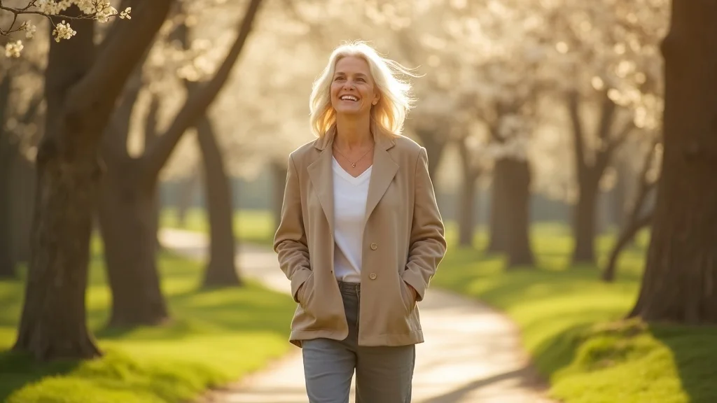 Optimistic mature individual walking alone in a park under blossoming trees, embodying positive life change and new beginnings after long marriage divorce