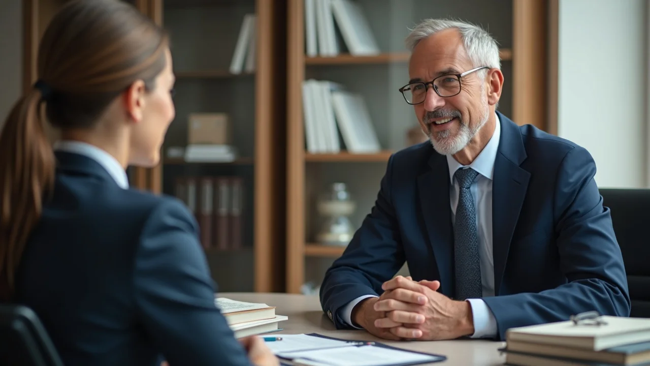 Professional consultation scene in a modern law office with a mature client and attorney discussing legal and financial complexities of divorce after a long marriage