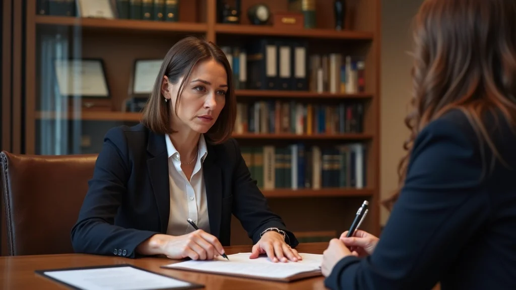 Professional female attorney giving legal guidance on divorce when one spouse controls all the money — photorealistic modern law office scene