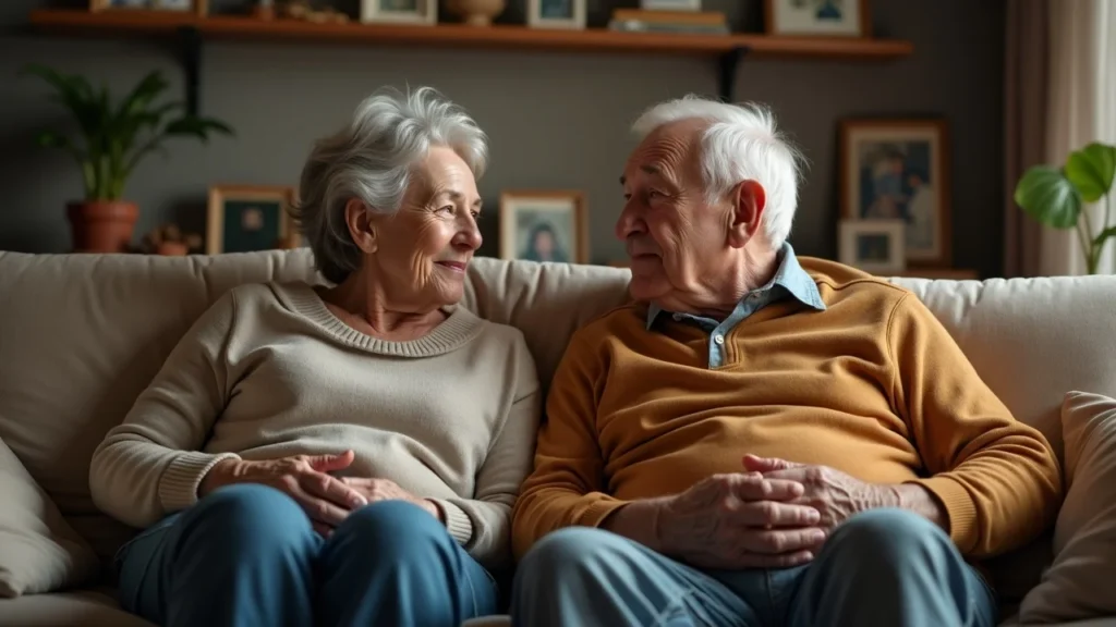 Reflective older couple contemplating divorce after a long marriage sitting side by side in a warm living room with personal artifacts and subtle body language
