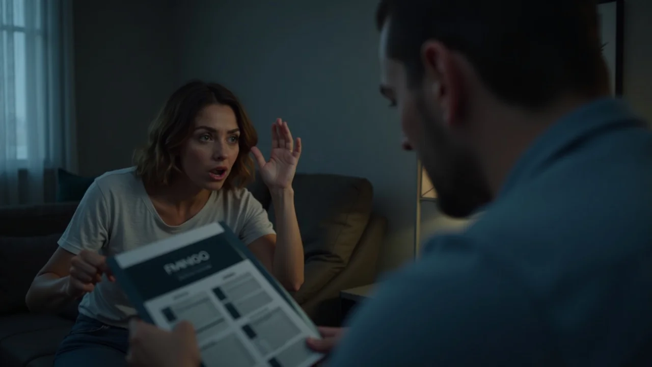 Tense couple disputing over finances and accounts during divorce—financial manipulation scenario