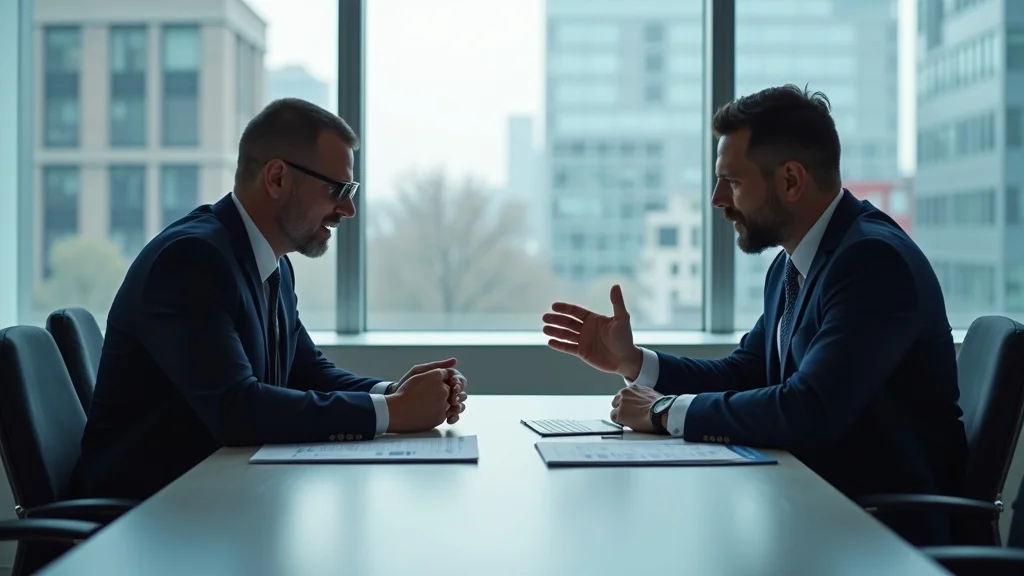 Two business partners negotiating terms of a family business division in a boardroom during divorce