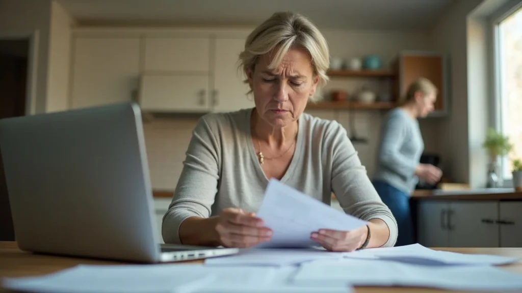 Worried woman reviewing household bills during divorce when one spouse controls all the money — authentic photorealistic image for financial manipulation scenario